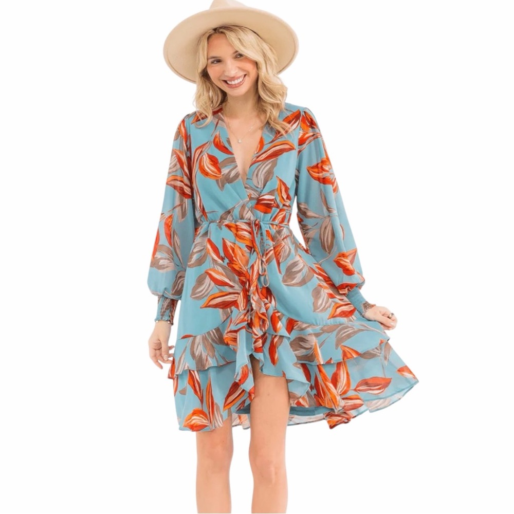 NWT Boutique Long Sleeve Blue & Orange Flowy Floral Wrap Mini Dress, Sm, M, Lg
